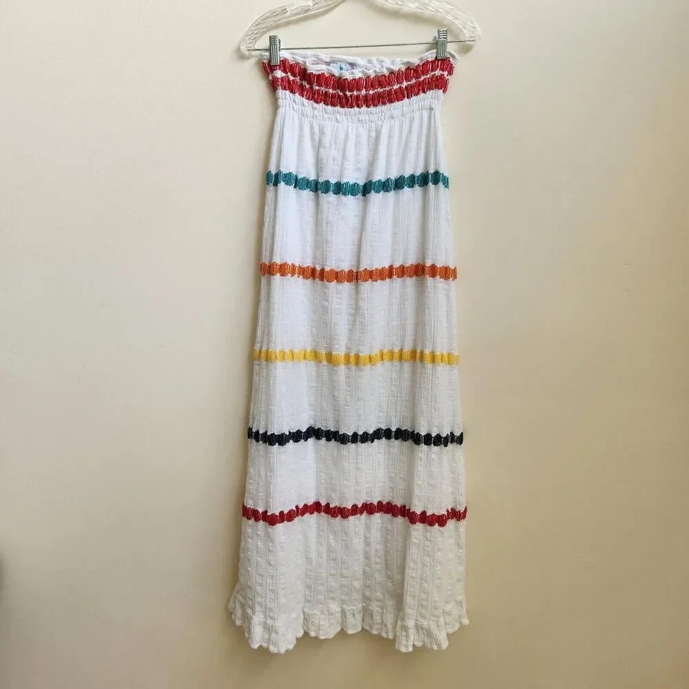 Bindu Dress Women's L White Cotton Strapless Maxi Sundress Resort Cruise Crinkle